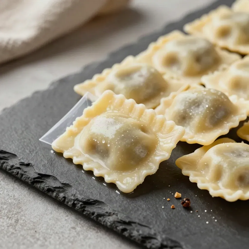 Cream beef ravioli pack on wet slate with ravioli, pepper, and linen in cool mist.