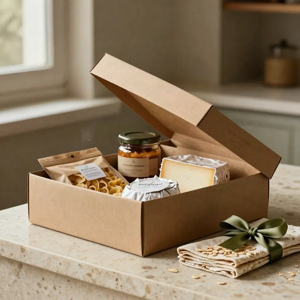Open gift box of pasta packs, sauce jar, wrapped cheese and napkin on travertine in a cellar.