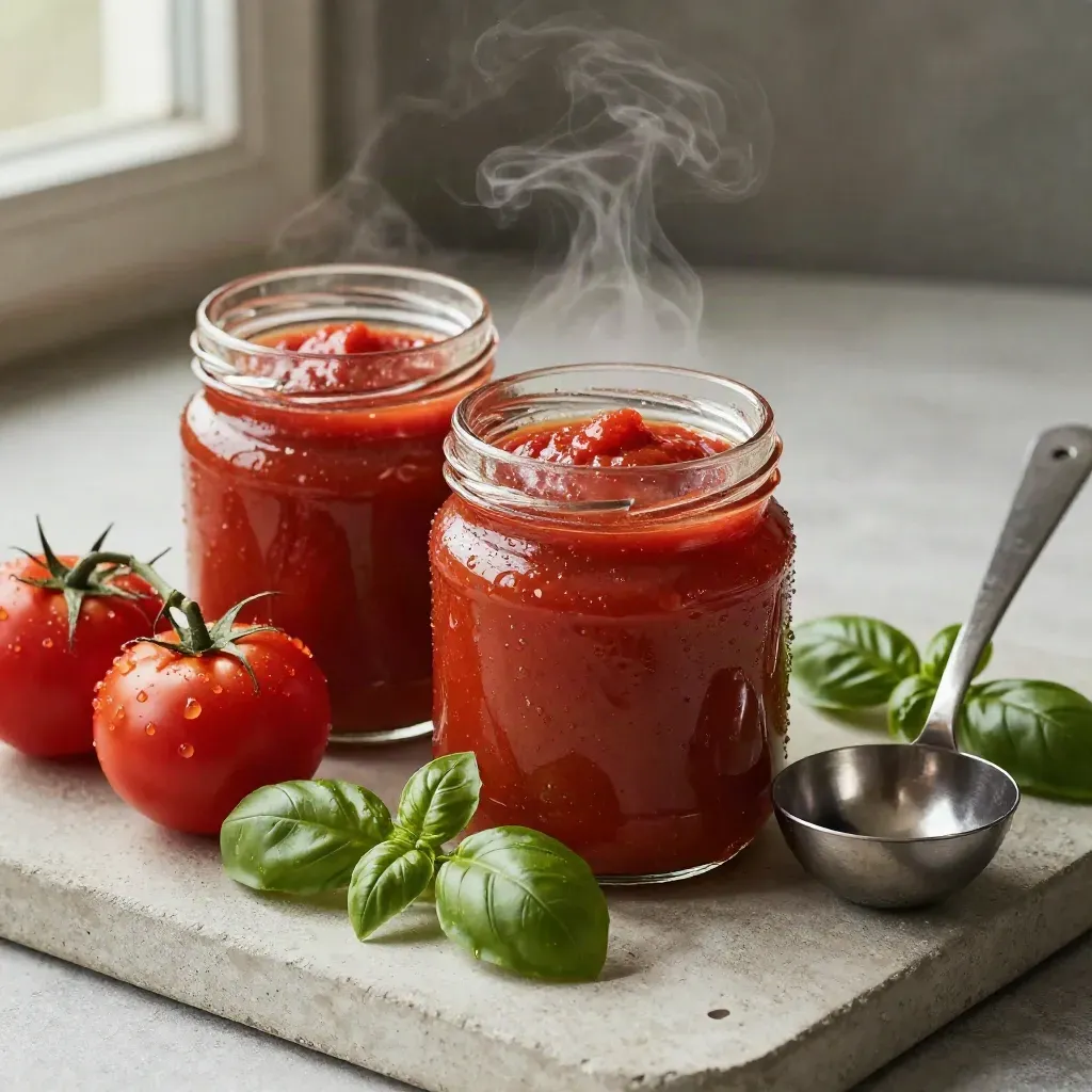 Two open tomato basil sauce jars with ladle, tomatoes, and basil on concrete.