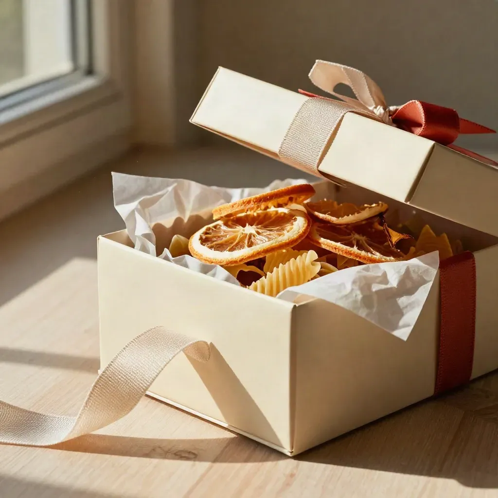 Open holiday pasta gift box with tissue, linen ribbon and citrus peels on pale wood.