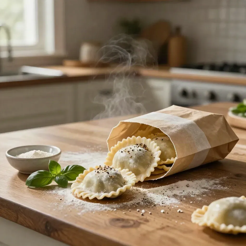 Opened beef ravioli dinner pack with fanned raw ravioli, pepper, and basil on warm oak.