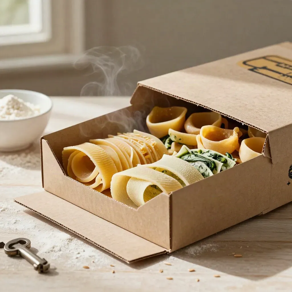 Open pasta sampler box with four pasta types, linen and a small bowl on pale wood.